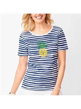 NWT Talbots Striped SEQUIN Pineapple Striped Short Sleeve T-Shirt Cotton Tee